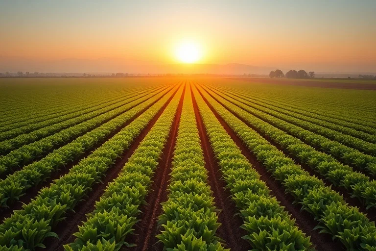 Vision — sunrise farmland panorama with vibrant green crop rows